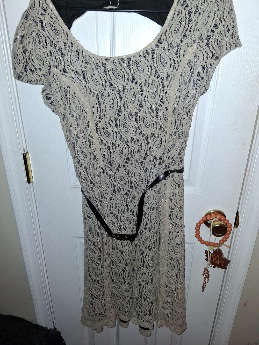 Maurices Beige Lace Midi Dress with Black Belt